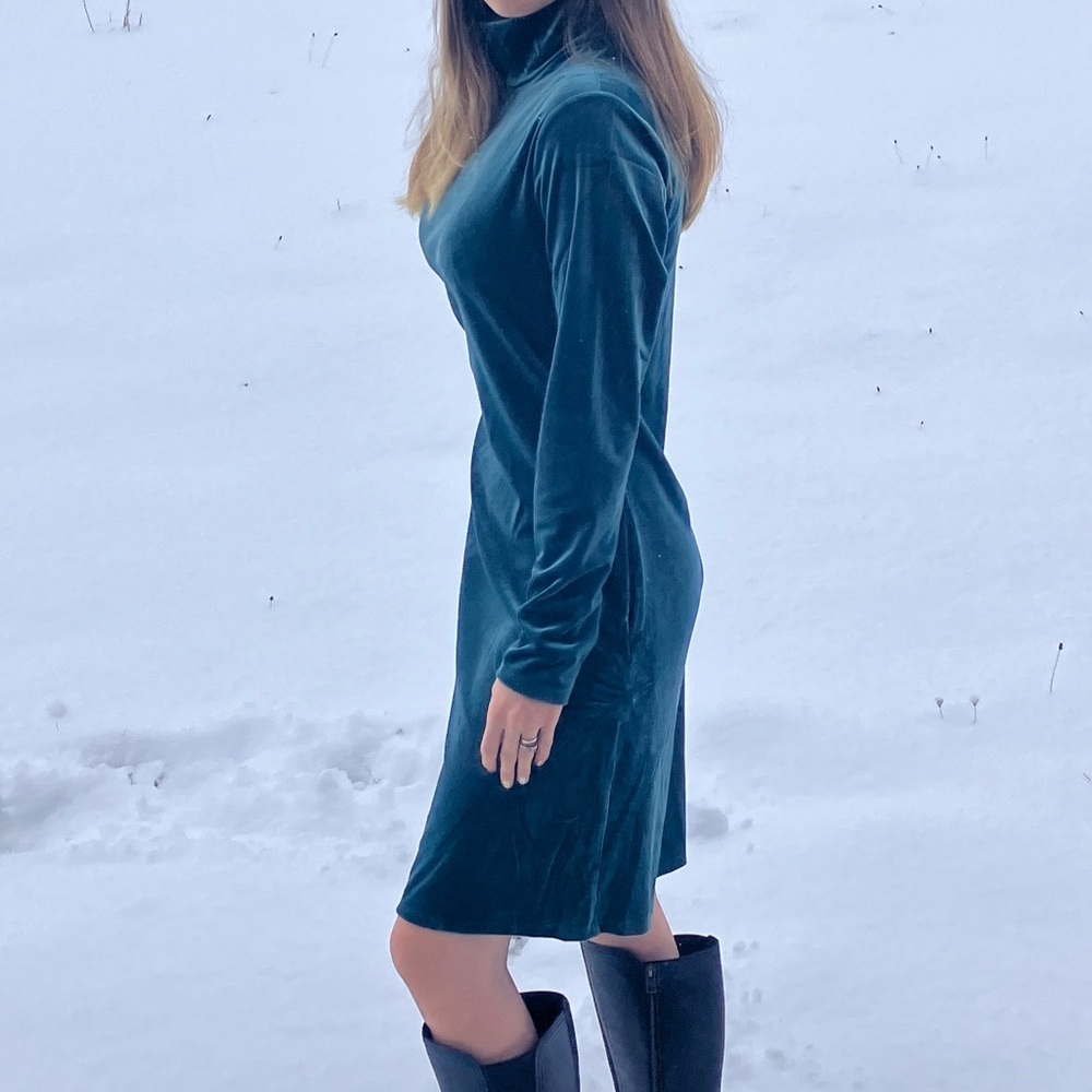 Lands' End Velvet Long-Sleeve Turtleneck Dress in Emerald Green
